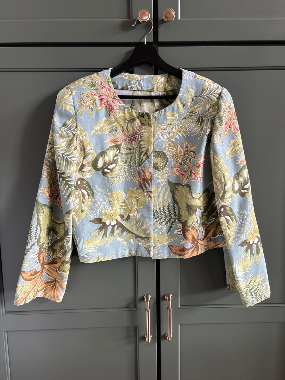 Handmade One Of A Kind Tropical Classy Boxy Short Jacket, Shoulder Pads, Sharp L